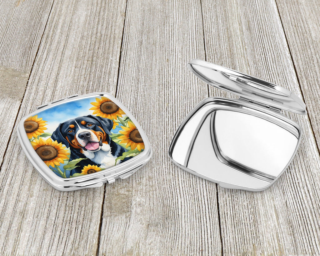 Greater Swiss Mountain Dog in Sunflowers Compact Mirror Decorative Travel Makeup Mirror for Women Girls Gifts Pocket Makeup Mirror Folding Handheld