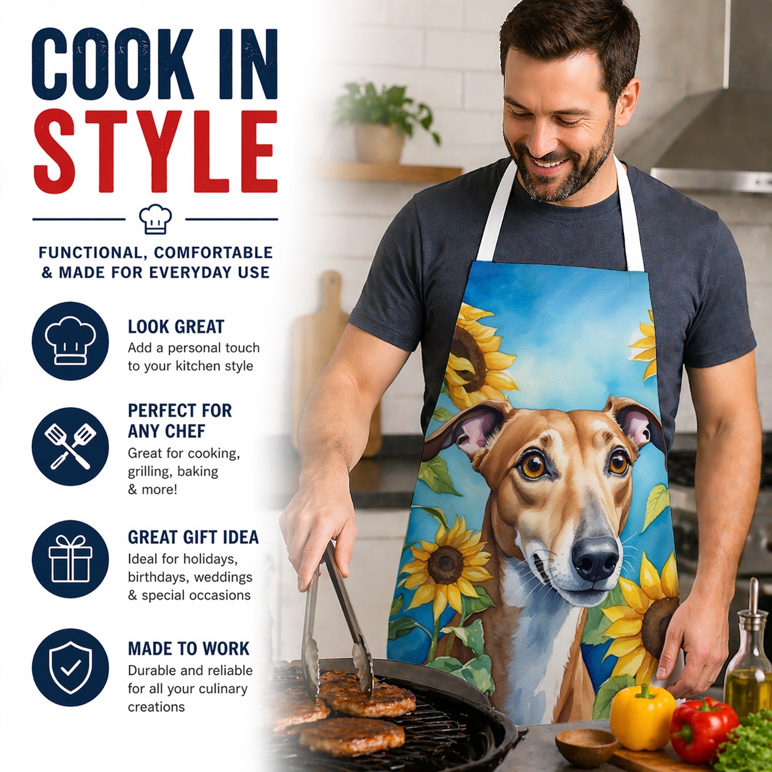 Greyhound in Sunflowers Apron Cooking Kitchen Server Baking Crafts Gardening for Adult Women Men, Unisex, Large, Multicolor