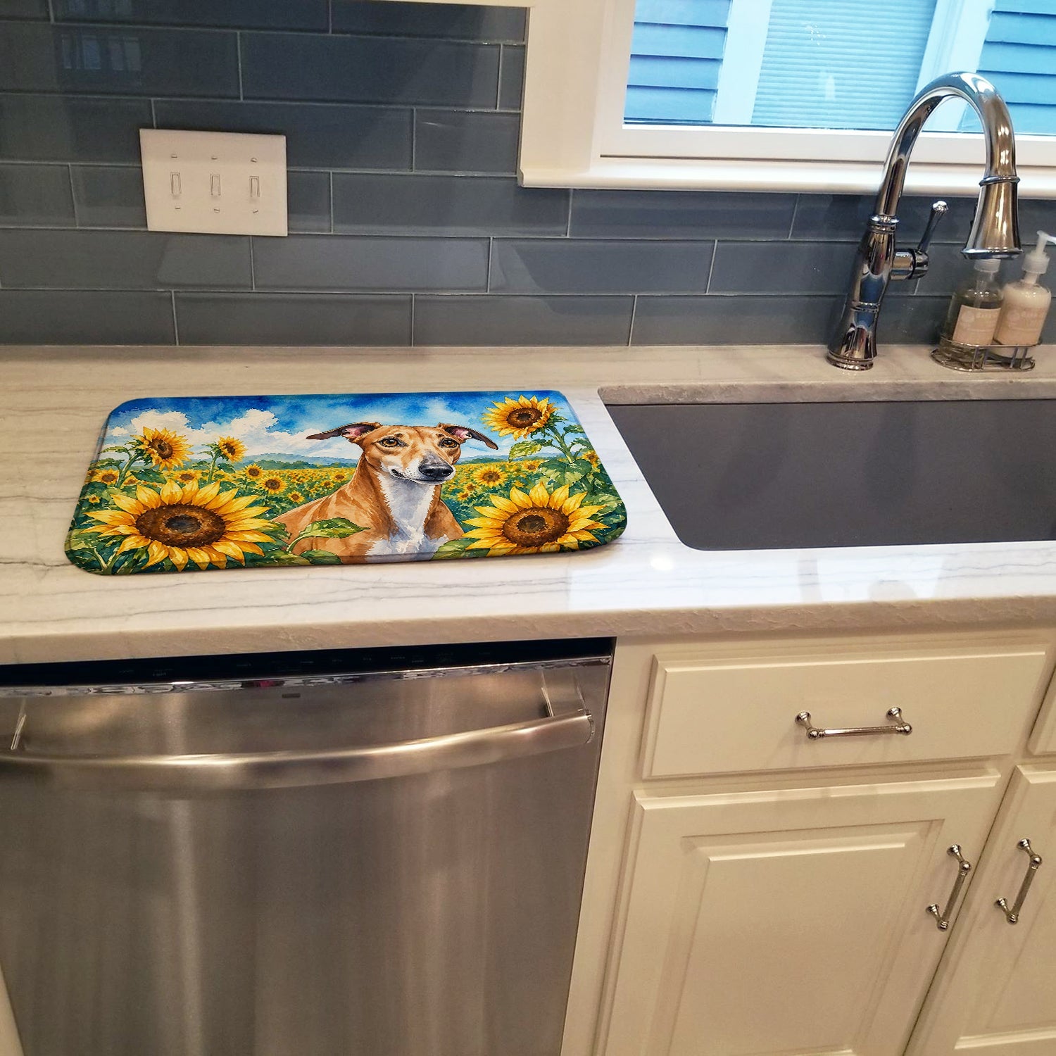 Greyhound in Sunflowers Dish Drying Mat Absorbent Dish Drying Mat Pad for Kitchen Counter Dish Drainer Mat for Countertop, 14 x 21", Multicolor