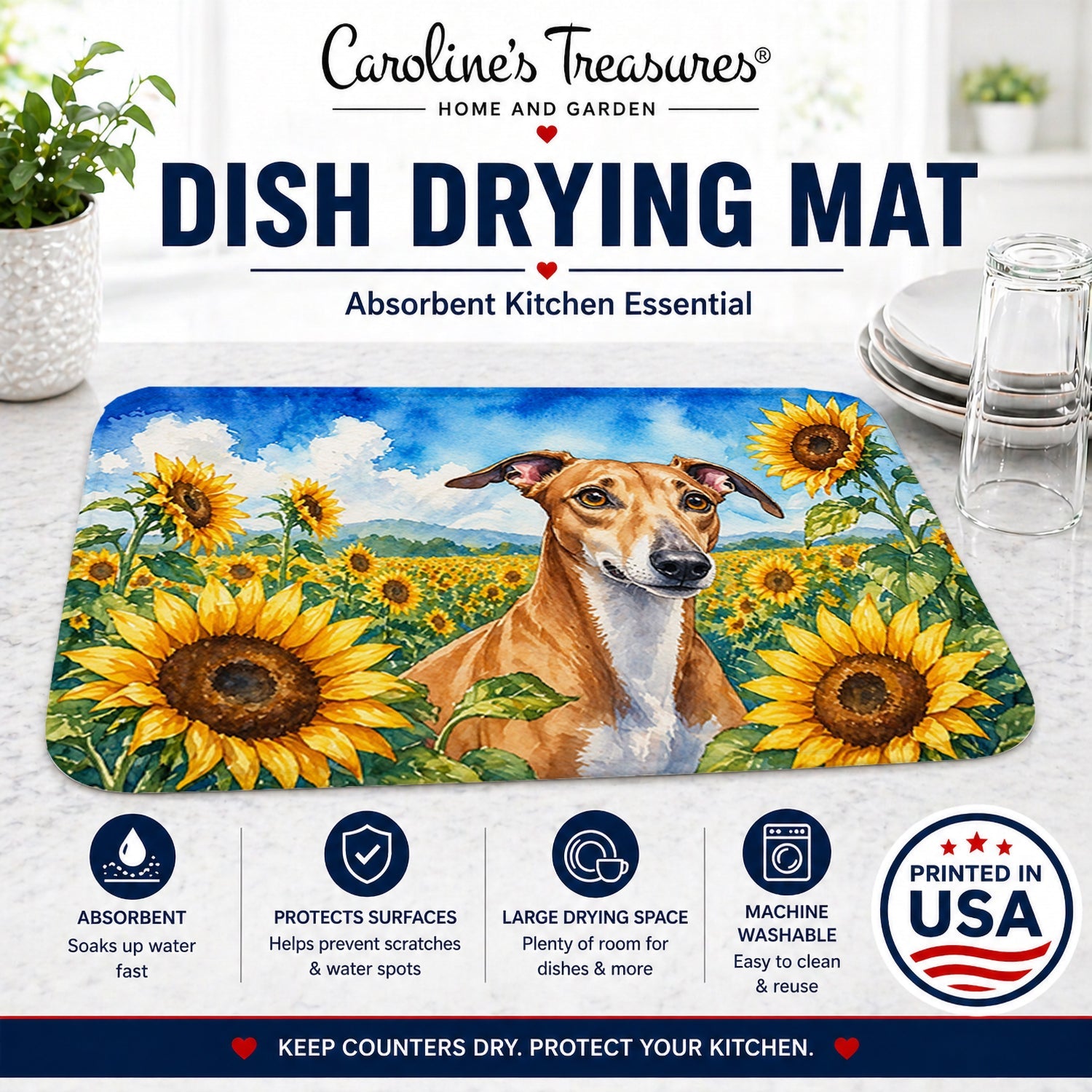 Greyhound in Sunflowers Dish Drying Mat Absorbent Dish Drying Mat Pad for Kitchen Counter Dish Drainer Mat for Countertop, 14 x 21", Multicolor