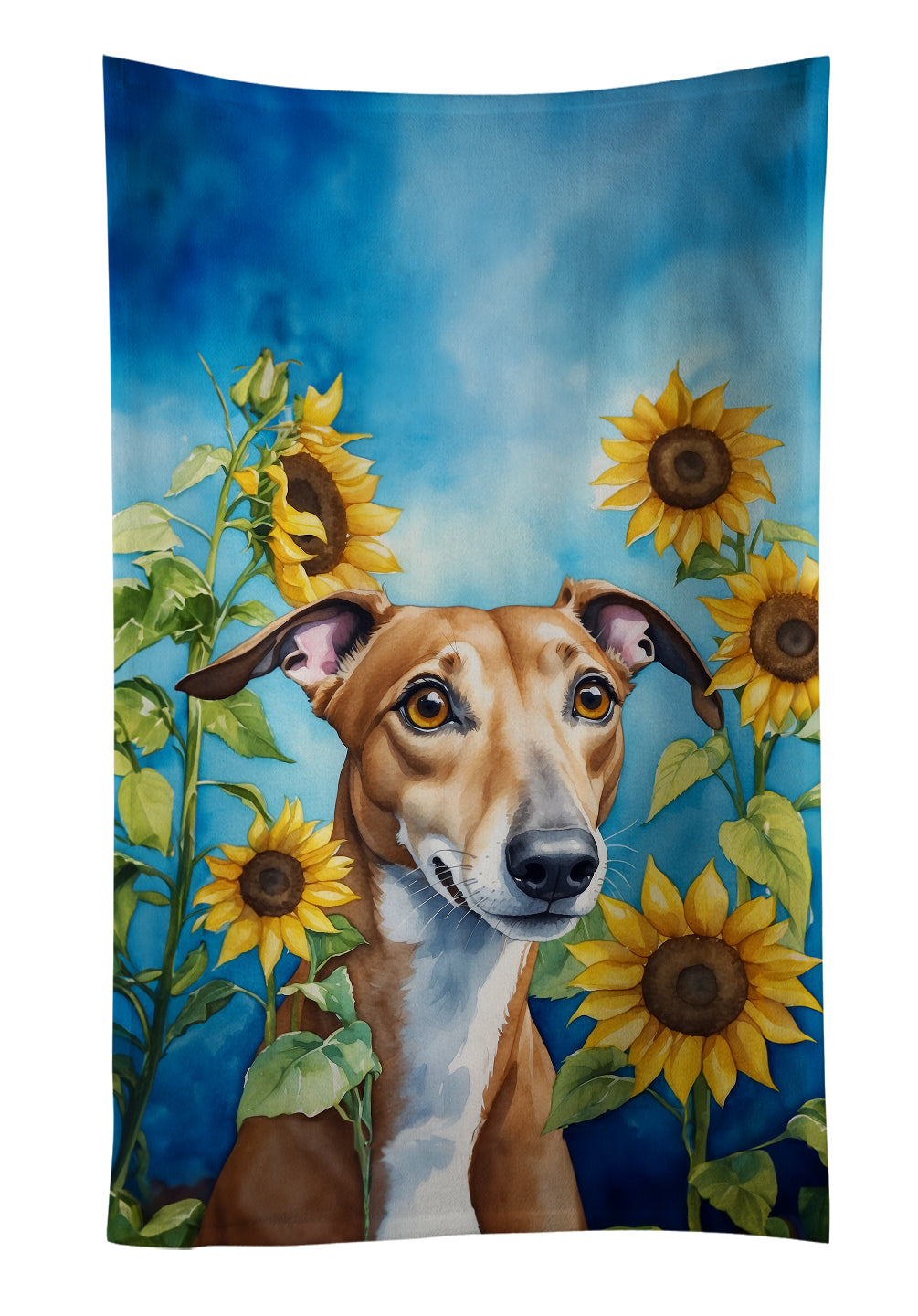 Greyhound in Sunflowers Kitchen Towel Velour Plush Front and Cotton Loop Back Machine Washable