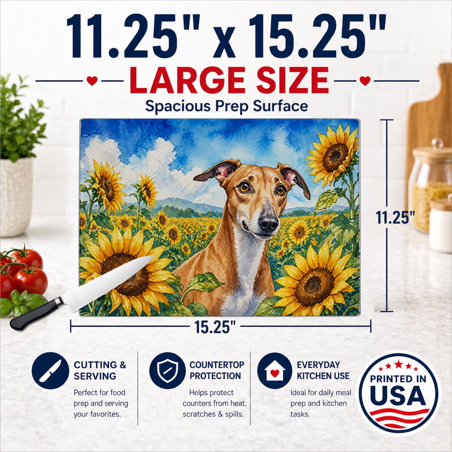 Greyhound in Sunflowers Cutting Board Tempered Glass Kitchen Cutting Surface, Heat Resistant Chopping Board with Non-Slip Feet, Decorative Food Prep & Serving