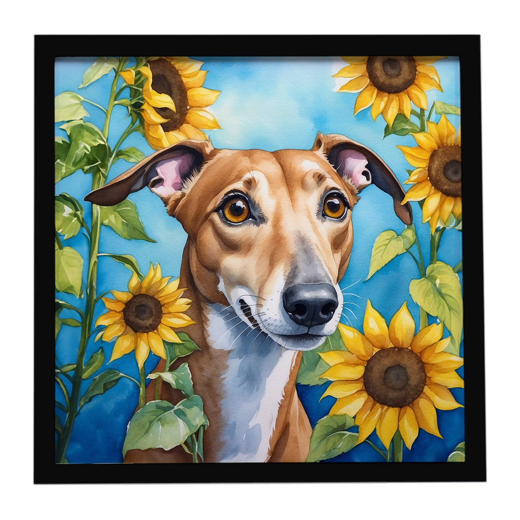Greyhound in Sunflowers Framed Metal Print Bathroom, Kitchen, Office, Home Decor Wall Art Ready to Hang, Square, 8X8