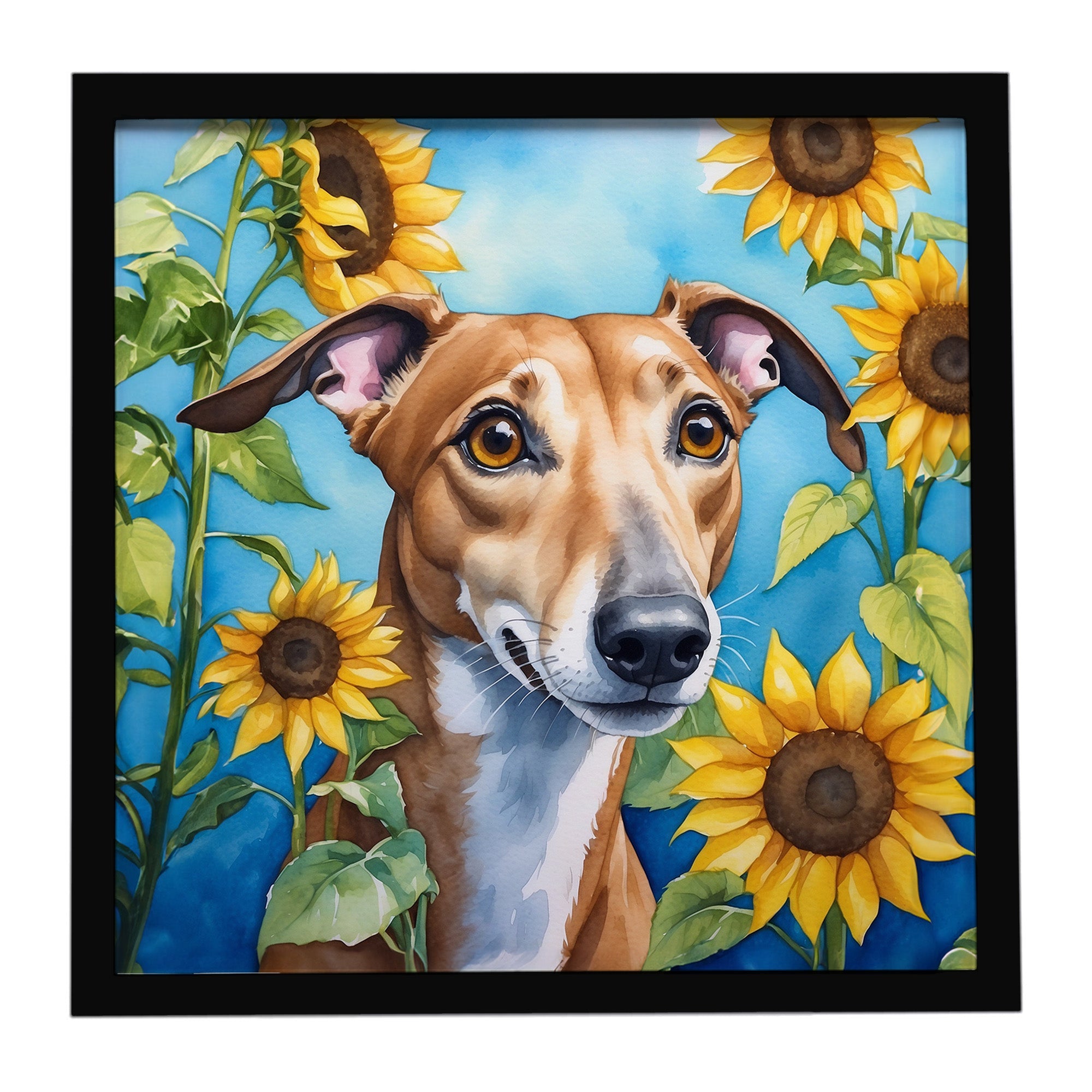 Greyhound in Sunflowers Framed Metal Print Bathroom, Kitchen, Office, Home Decor Wall Art Ready to Hang, Square, 8X8