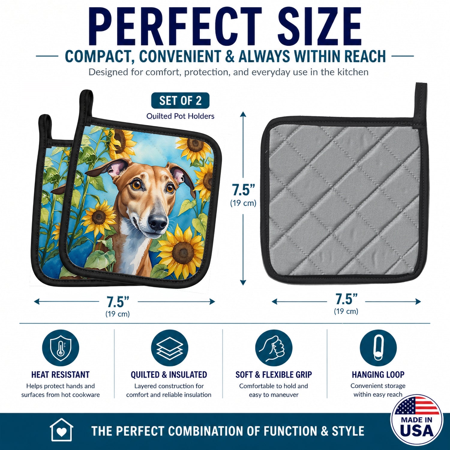 Greyhound in Sunflowers Pot Holder Set of 2 Heat Resistant Quilted Hot Pads 7.5 x 7.5 Inch, Insulated Kitchen Trivets for Cooking & Baking