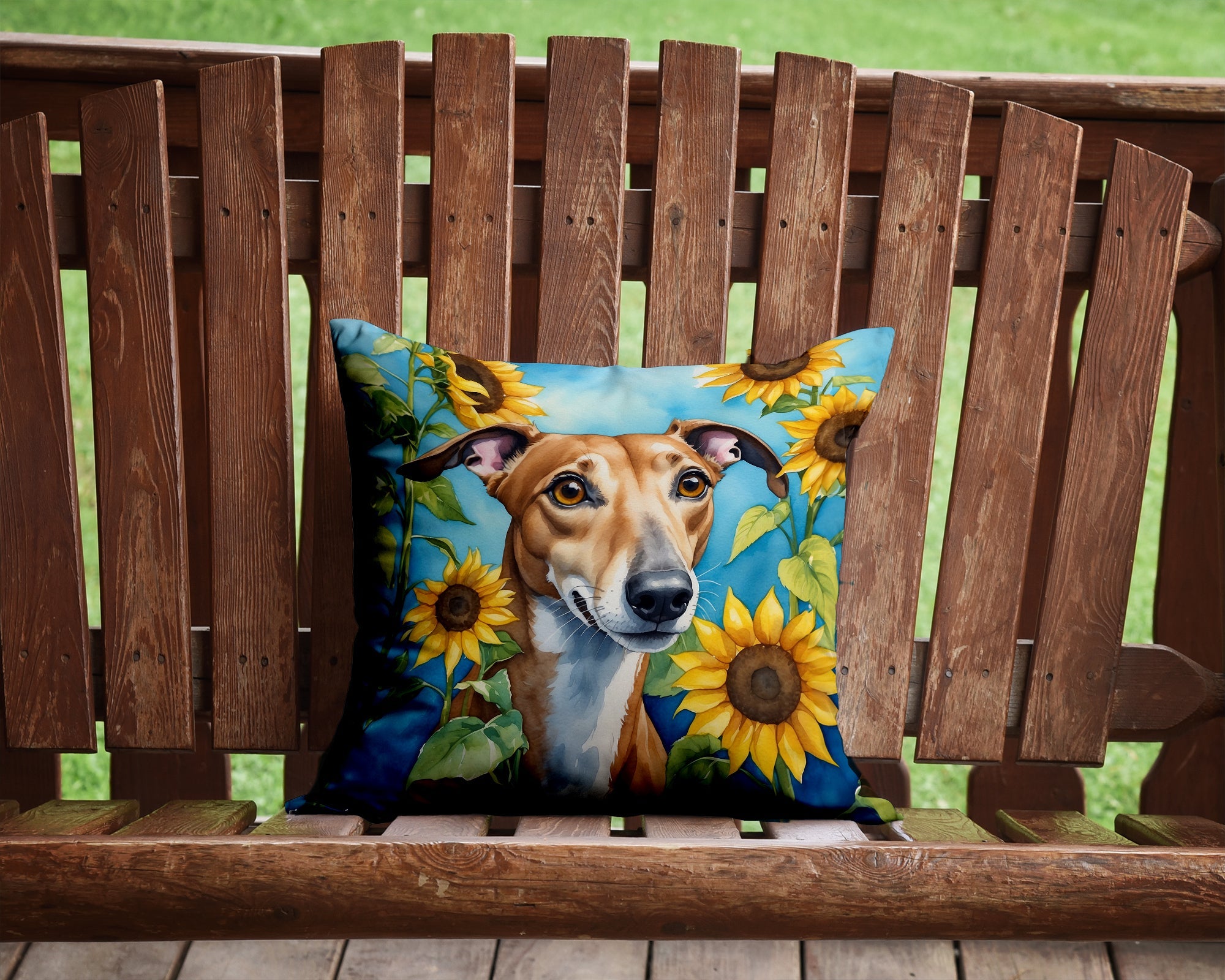 Greyhound in Sunflowers Decorative Throw Pillow 14x14 Indoor Outdoor Accent Cushion, Fabric Cover with Insert for Sofa, Bed, Porch & Living Room