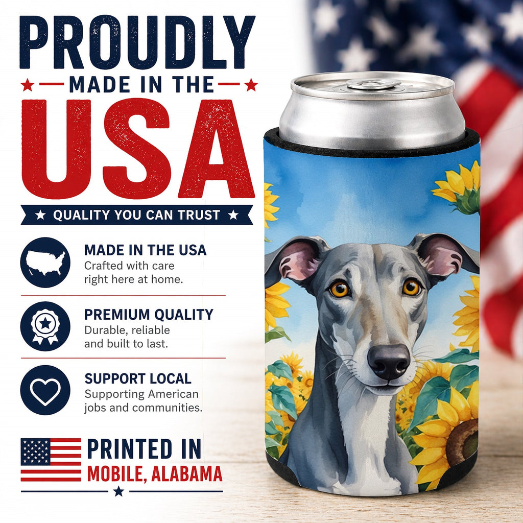 Greyhound in Sunflowers Can or Bottle Hugger Cooler Sleeve for Standard 12 oz Cans, Insulated Foam Beer & Soda Can Hugger Reusable