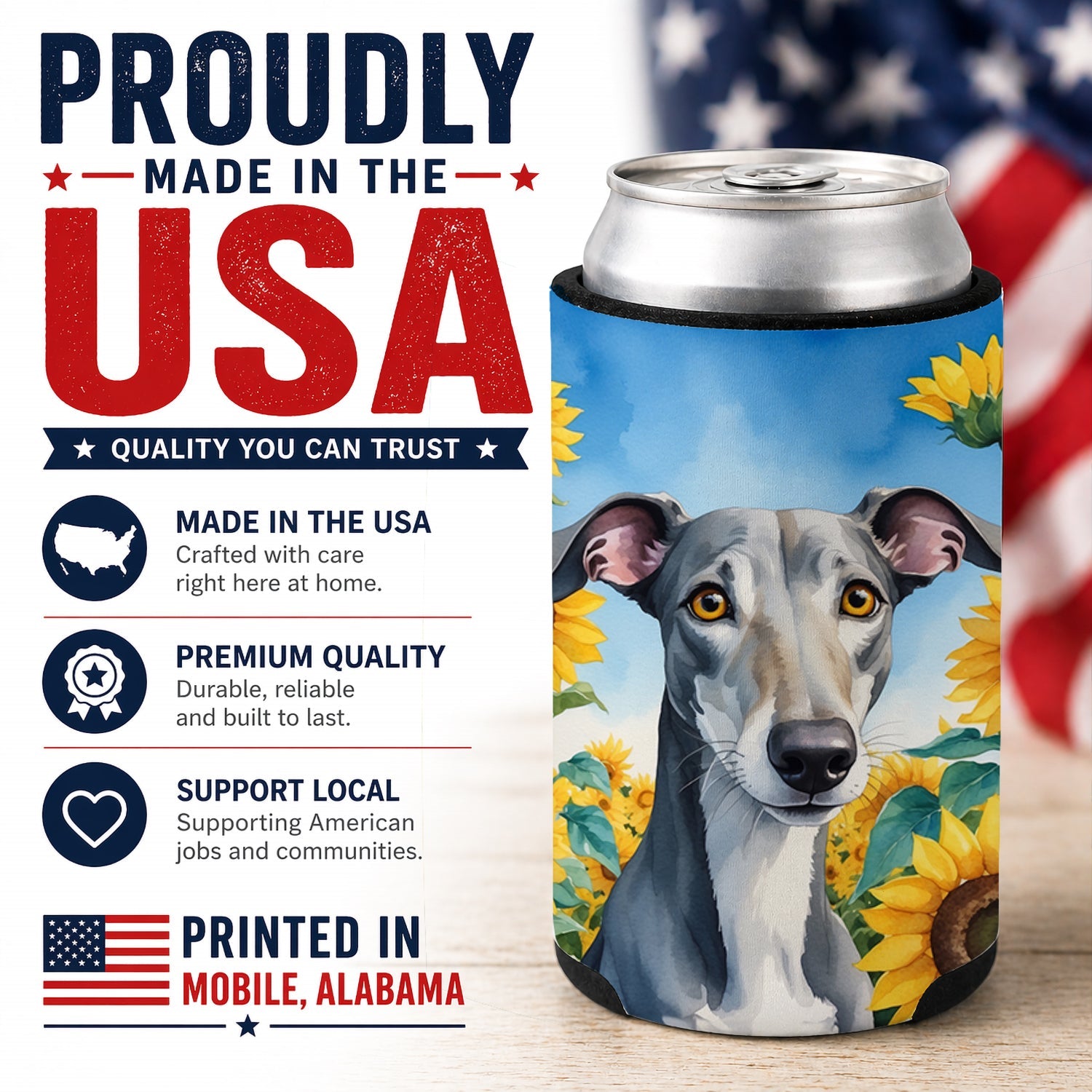 Greyhound in Sunflowers Can or Bottle Hugger Cooler Sleeve for Standard 12 oz Cans, Insulated Foam Beer & Soda Can Hugger Reusable