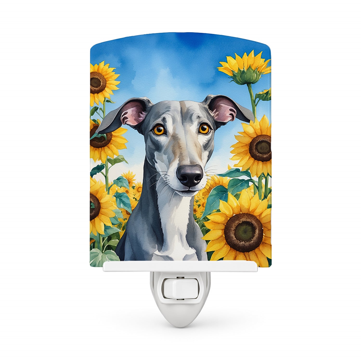 Greyhound in Sunflowers Ceramic Night Light Compact, UL-Certified, Ideal for Bedroom, Bathroom, Nursery, Hallway, Kitchen, 6x4x3, Multicolor