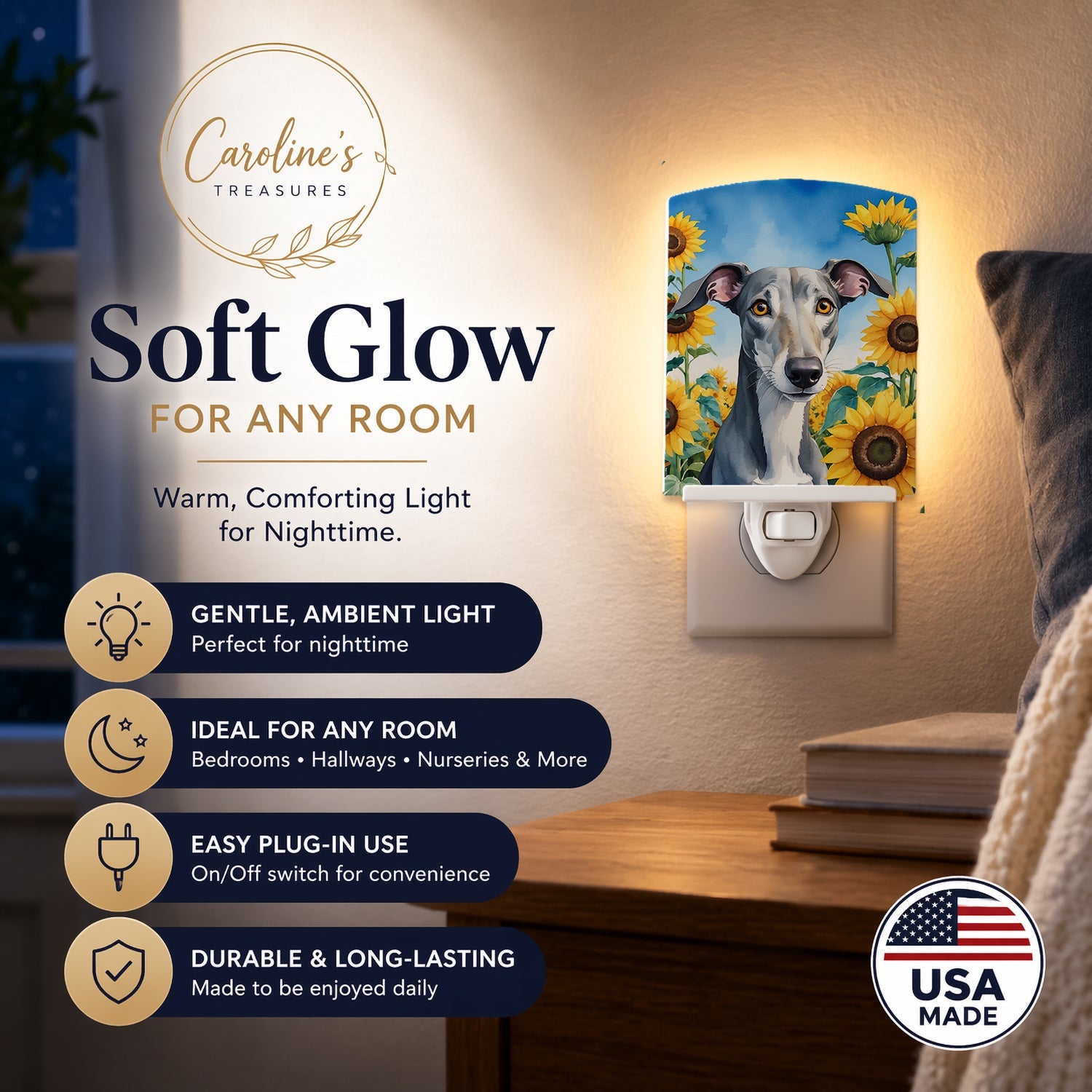 Greyhound in Sunflowers Ceramic Night Light Compact, UL-Certified, Ideal for Bedroom, Bathroom, Nursery, Hallway, Kitchen, 6x4x3, Multicolor