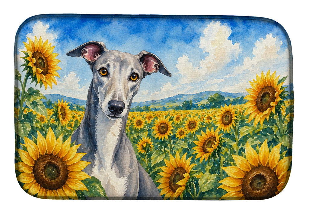 Greyhound in Sunflowers Dish Drying Mat Absorbent Dish Drying Mat Pad for Kitchen Counter Dish Drainer Mat for Countertop, 14 x 21", Multicolor