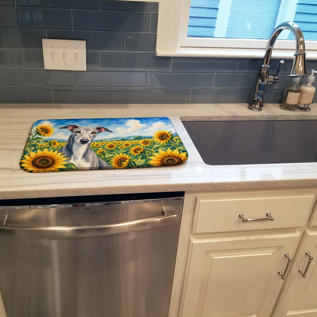 Greyhound in Sunflowers Dish Drying Mat Absorbent Dish Drying Mat Pad for Kitchen Counter Dish Drainer Mat for Countertop, 14 x 21", Multicolor