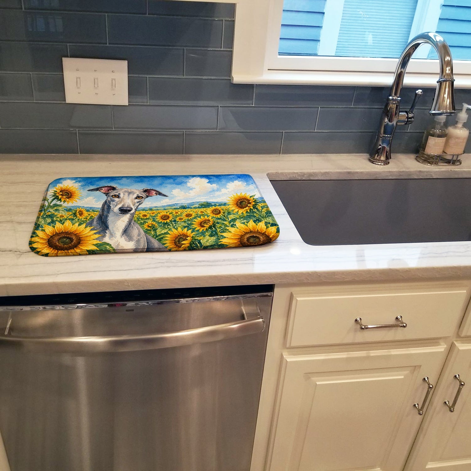 Greyhound in Sunflowers Dish Drying Mat Absorbent Dish Drying Mat Pad for Kitchen Counter Dish Drainer Mat for Countertop, 14 x 21", Multicolor
