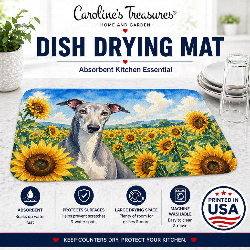 Greyhound in Sunflowers Dish Drying Mat Absorbent Dish Drying Mat Pad for Kitchen Counter Dish Drainer Mat for Countertop, 14 x 21", Multicolor