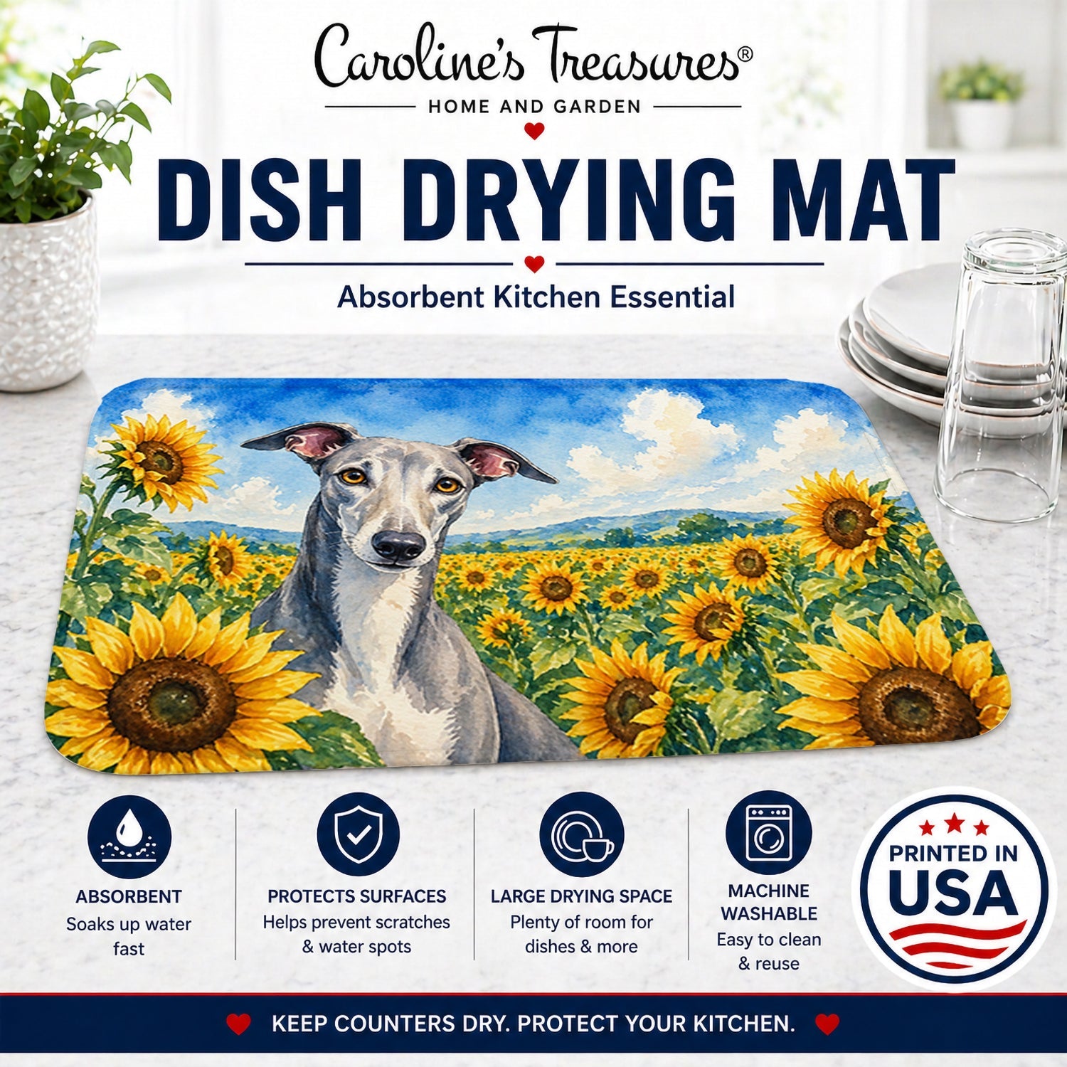 Greyhound in Sunflowers Dish Drying Mat Absorbent Dish Drying Mat Pad for Kitchen Counter Dish Drainer Mat for Countertop, 14 x 21", Multicolor