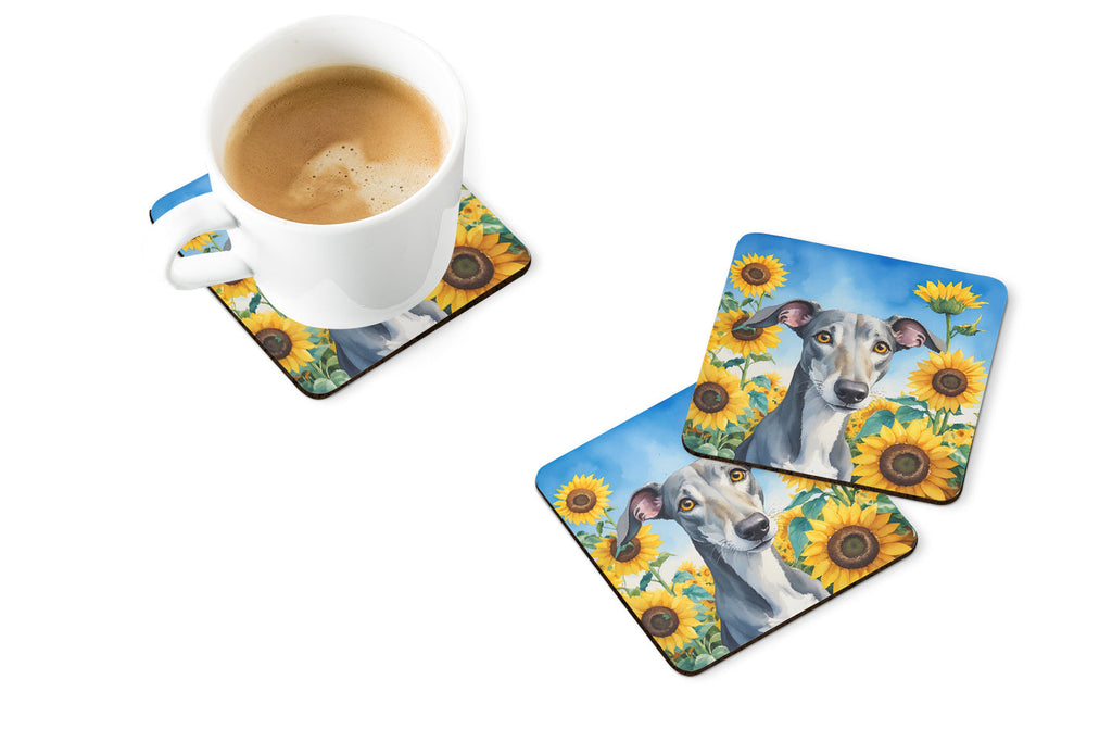 Greyhound in Sunflowers Foam Coasters Set of 4 Cup Coasters for Indoor Outdoor, Tabletop Protection, Anti Slip, Mouse pad Material