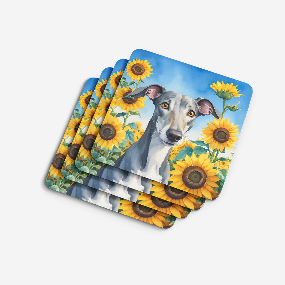 Greyhound in Sunflowers Foam Coasters Set of 4 Cup Coasters for Indoor Outdoor, Tabletop Protection, Anti Slip, Mouse pad Material