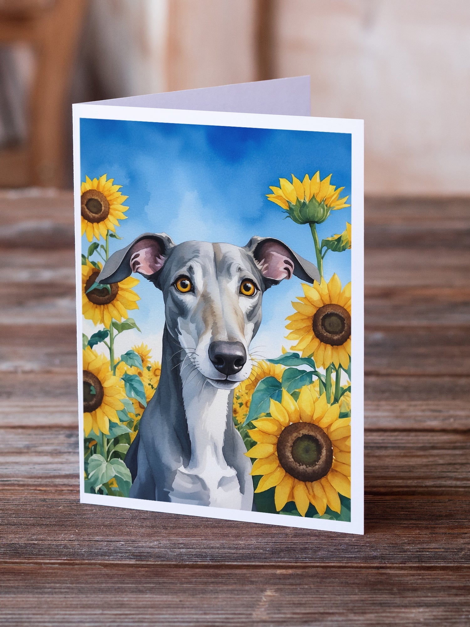 Greyhound in Sunflowers Greeting Cards Pack of 8 Blank Cards with Envelopes Whimsical A7 Size 5x7