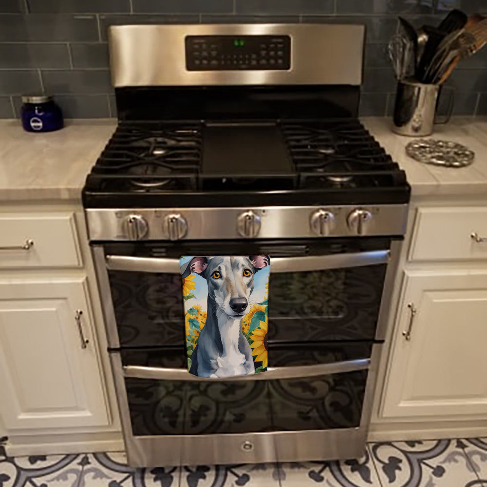 Greyhound in Sunflowers Kitchen Towel Velour Plush Front and Cotton Loop Back Machine Washable