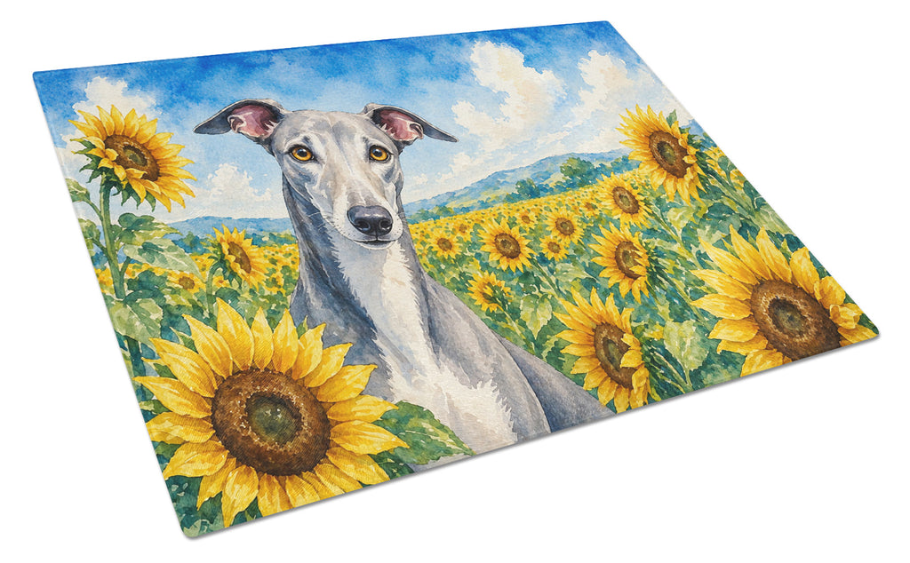 Greyhound in Sunflowers Cutting Board Tempered Glass Kitchen Cutting Surface, Heat Resistant Chopping Board with Non-Slip Feet, Decorative Food Prep & Serving