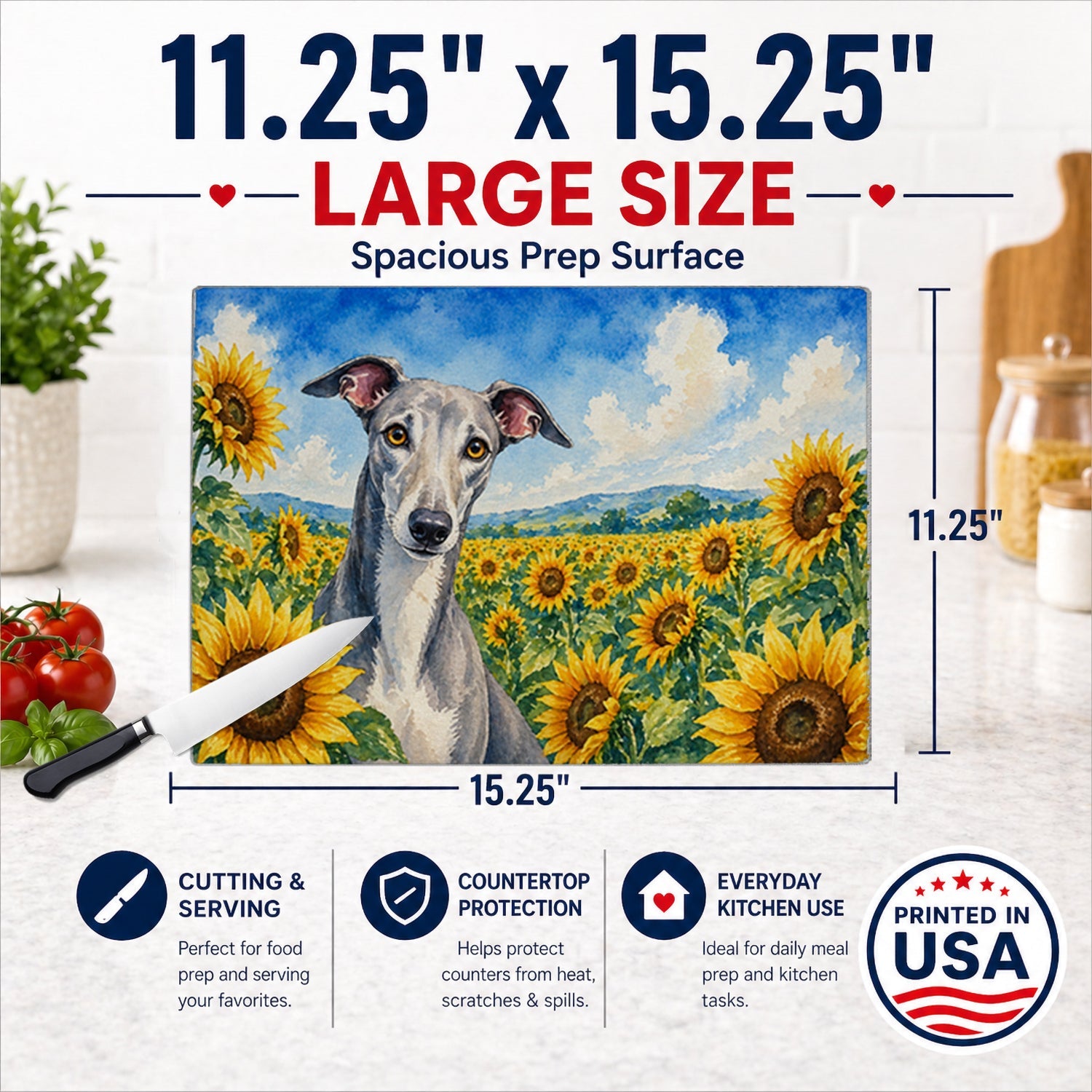 Greyhound in Sunflowers Cutting Board Tempered Glass Kitchen Cutting Surface, Heat Resistant Chopping Board with Non-Slip Feet, Decorative Food Prep & Serving