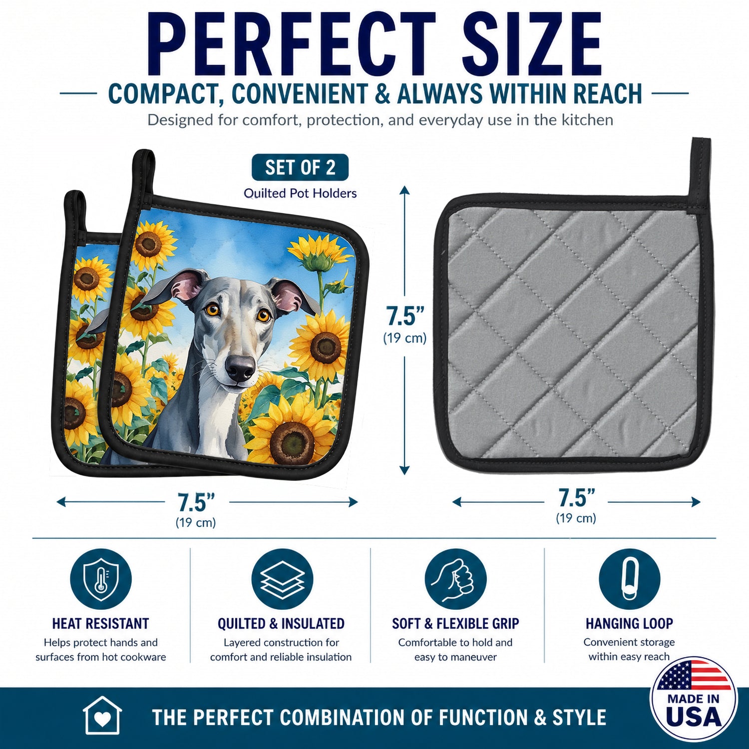 Greyhound in Sunflowers Pot Holder Set of 2 Heat Resistant Quilted Hot Pads 7.5 x 7.5 Inch, Insulated Kitchen Trivets for Cooking & Baking