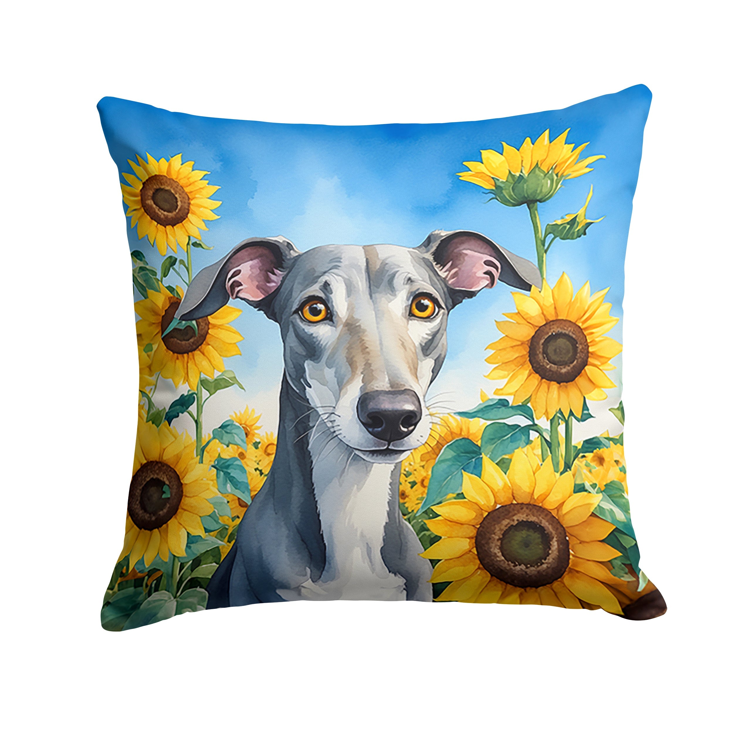 Greyhound in Sunflowers Decorative Throw Pillow 14x14 Indoor Outdoor Accent Cushion, Fabric Cover with Insert for Sofa, Bed, Porch & Living Room
