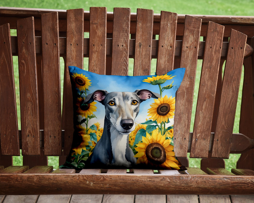 Greyhound in Sunflowers Decorative Throw Pillow 14x14 Indoor Outdoor Accent Cushion, Fabric Cover with Insert for Sofa, Bed, Porch & Living Room