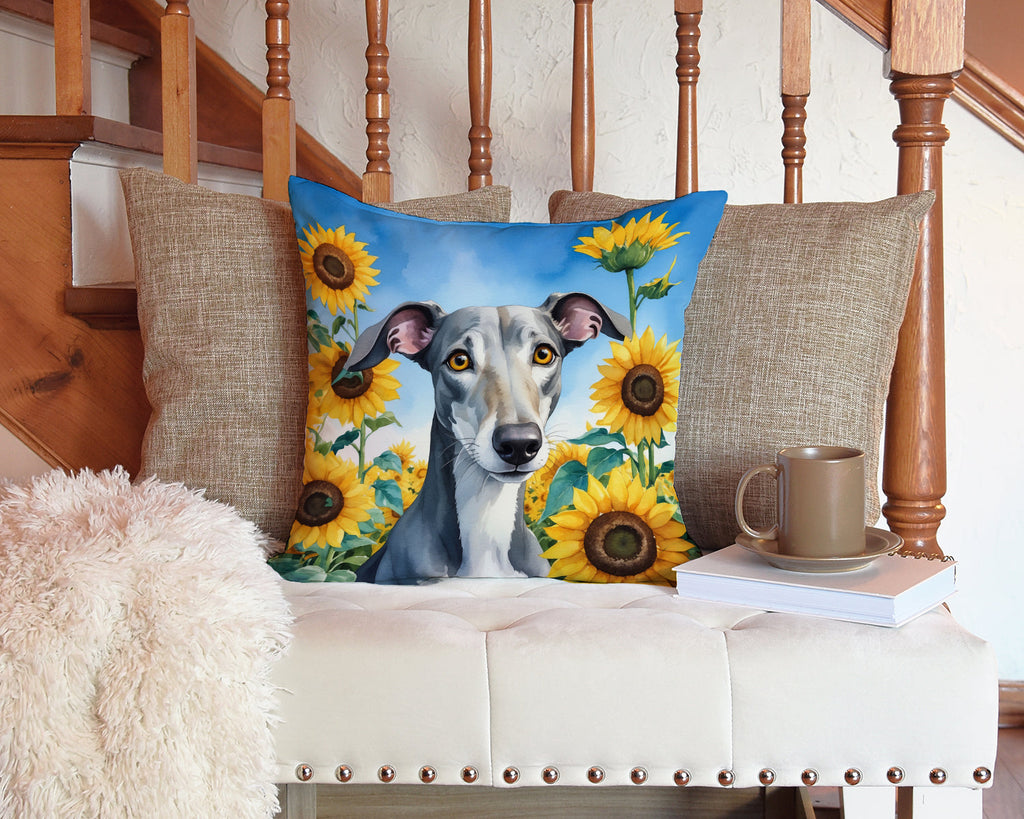 Greyhound in Sunflowers Decorative Throw Pillow 14x14 Indoor Outdoor Accent Cushion, Fabric Cover with Insert for Sofa, Bed, Porch & Living Room