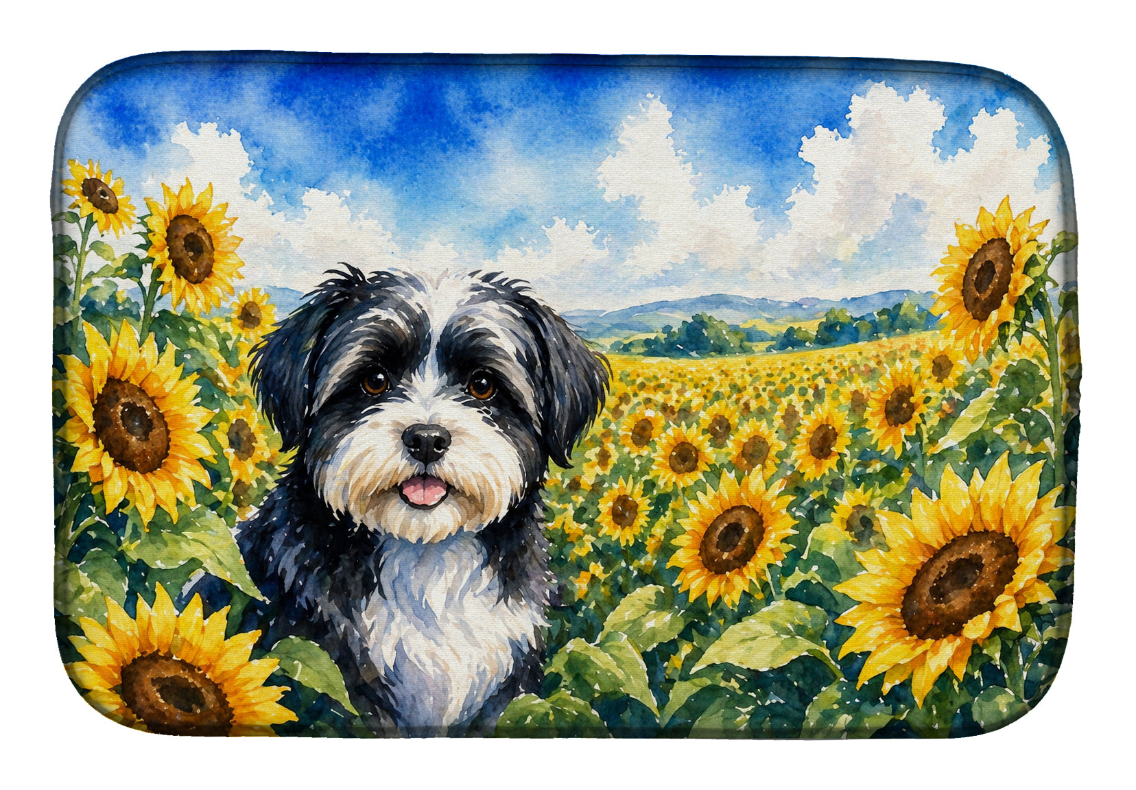 Havanese in Sunflowers Dish Drying Mat Absorbent Dish Drying Mat Pad for Kitchen Counter Dish Drainer Mat for Countertop, 14 x 21", Multicolor
