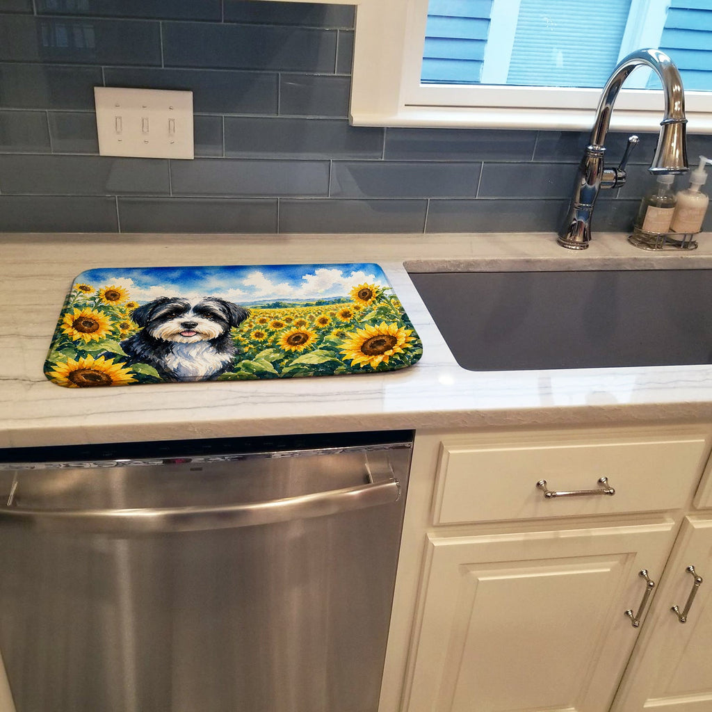 Havanese in Sunflowers Dish Drying Mat Absorbent Dish Drying Mat Pad for Kitchen Counter Dish Drainer Mat for Countertop, 14 x 21", Multicolor