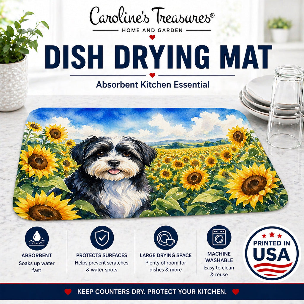 Havanese in Sunflowers Dish Drying Mat Absorbent Dish Drying Mat Pad for Kitchen Counter Dish Drainer Mat for Countertop, 14 x 21", Multicolor