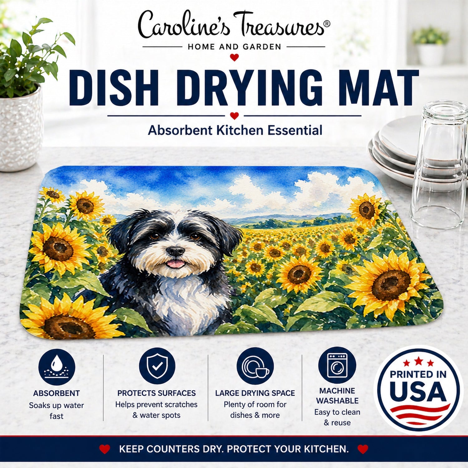 Havanese in Sunflowers Dish Drying Mat Absorbent Dish Drying Mat Pad for Kitchen Counter Dish Drainer Mat for Countertop, 14 x 21", Multicolor