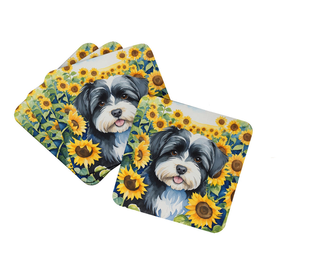 Havanese in Sunflowers Foam Coasters Set of 4 Cup Coasters for Indoor Outdoor, Tabletop Protection, Anti Slip, Mouse pad Material