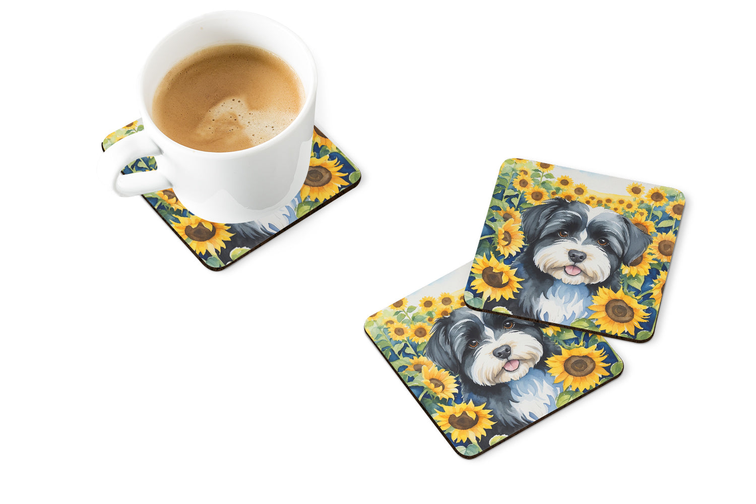 Havanese in Sunflowers Foam Coasters Set of 4 Cup Coasters for Indoor Outdoor, Tabletop Protection, Anti Slip, Mouse pad Material