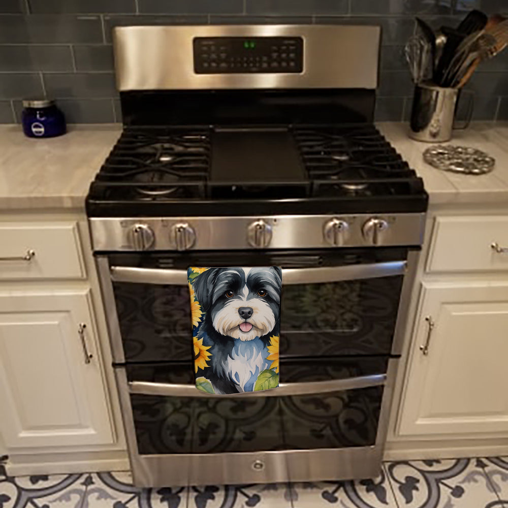 Havanese in Sunflowers Kitchen Towel Velour Plush Front and Cotton Loop Back Machine Washable