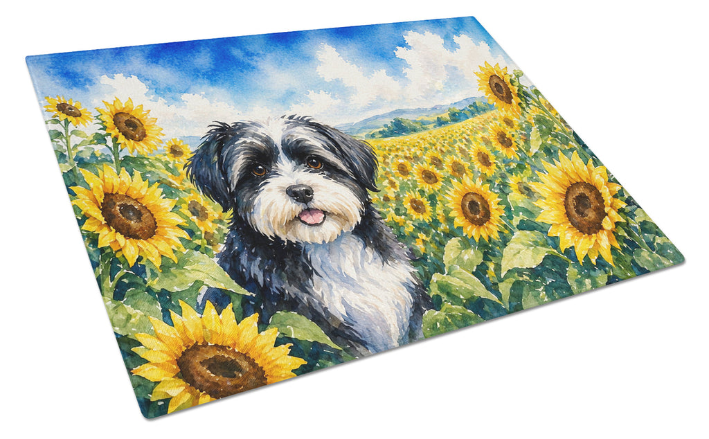 Havanese in Sunflowers Cutting Board Tempered Glass Kitchen Cutting Surface, Heat Resistant Chopping Board with Non-Slip Feet, Decorative Food Prep & Serving