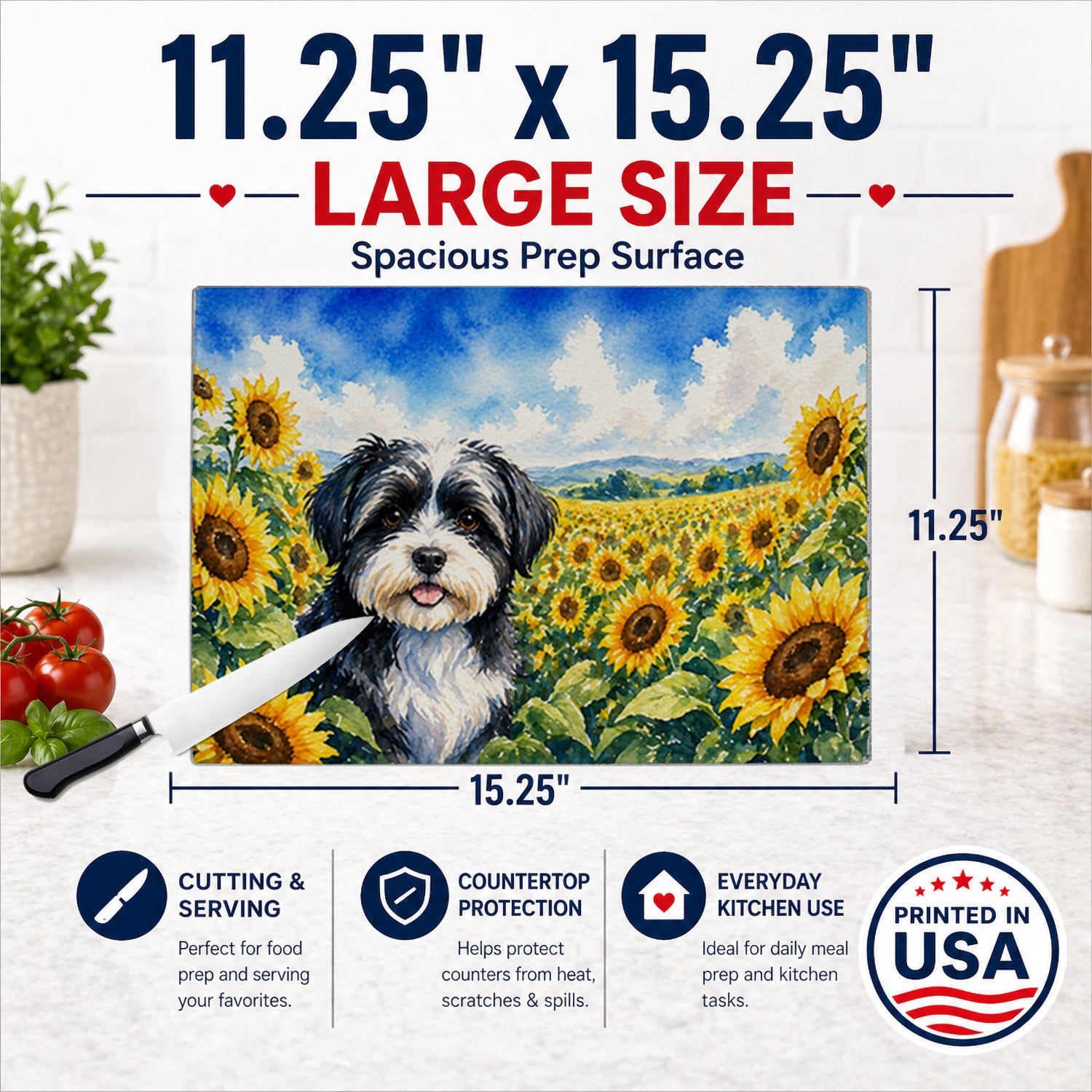 Havanese in Sunflowers Cutting Board Tempered Glass Kitchen Cutting Surface, Heat Resistant Chopping Board with Non-Slip Feet, Decorative Food Prep & Serving