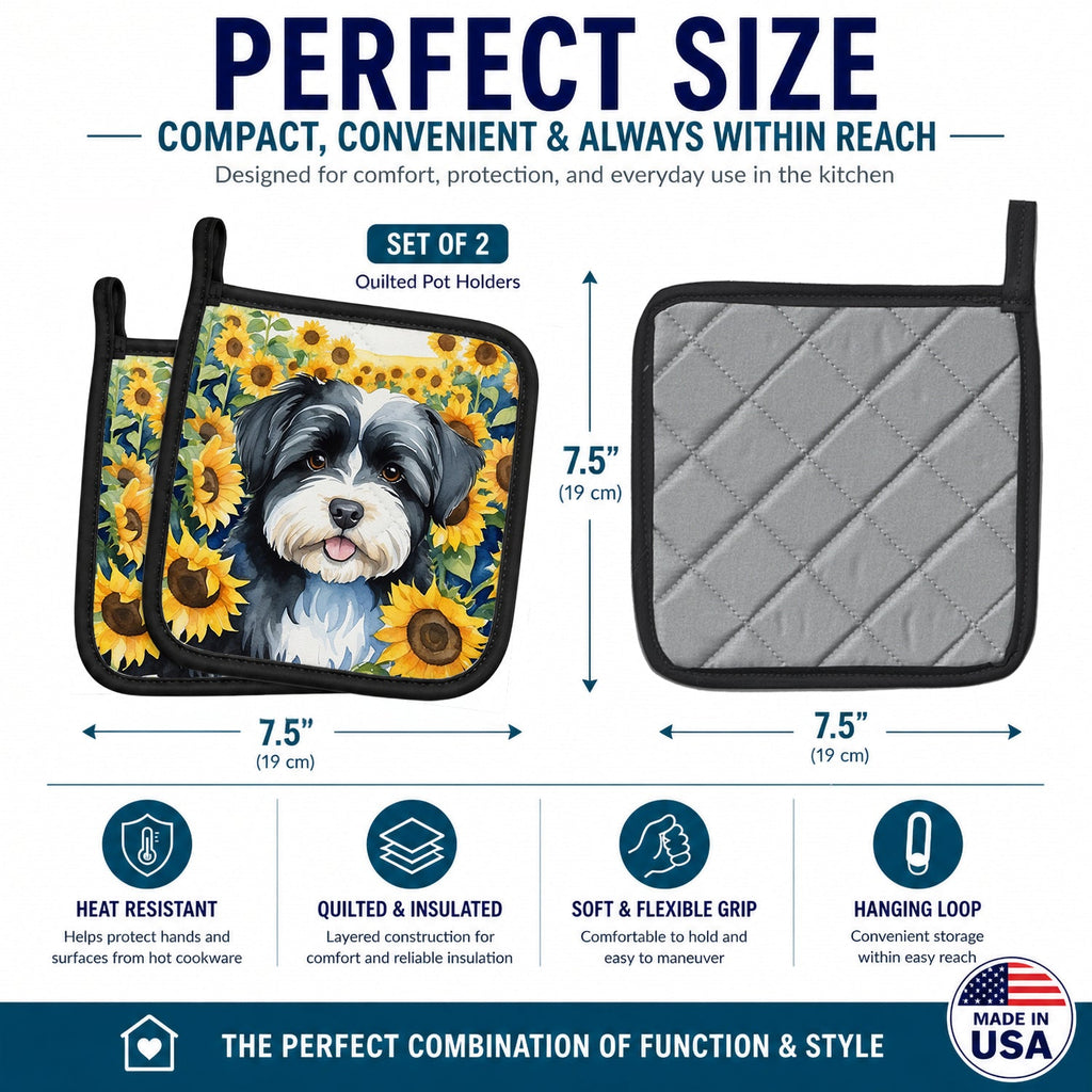 Havanese in Sunflowers Pot Holder Set of 2 Heat Resistant Quilted Hot Pads 7.5 x 7.5 Inch, Insulated Kitchen Trivets for Cooking & Baking