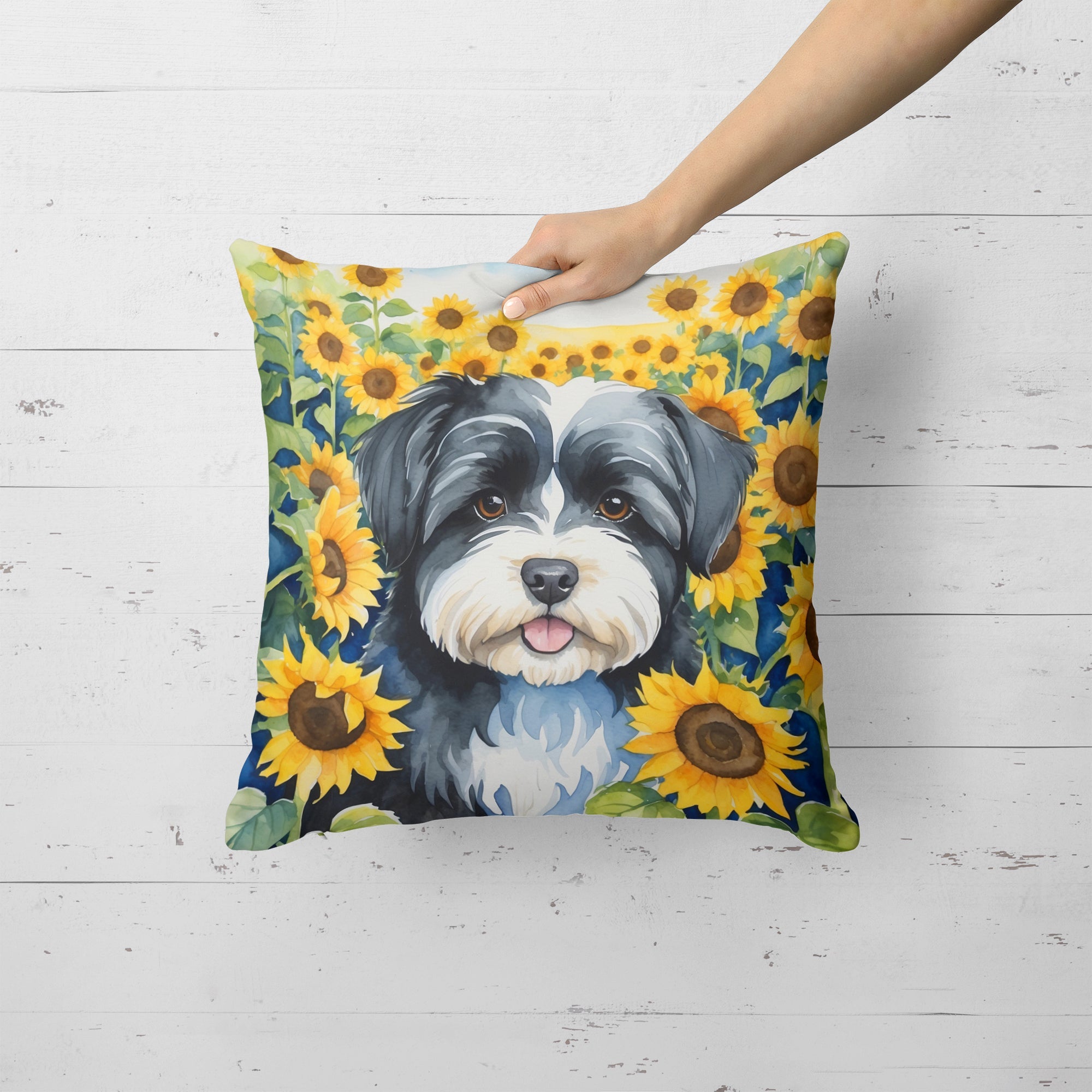 Havanese in Sunflowers Decorative Throw Pillow 18x18 Indoor Outdoor Accent Cushion, Fabric Cover with Insert for Sofa, Bed, Porch & Living Room
