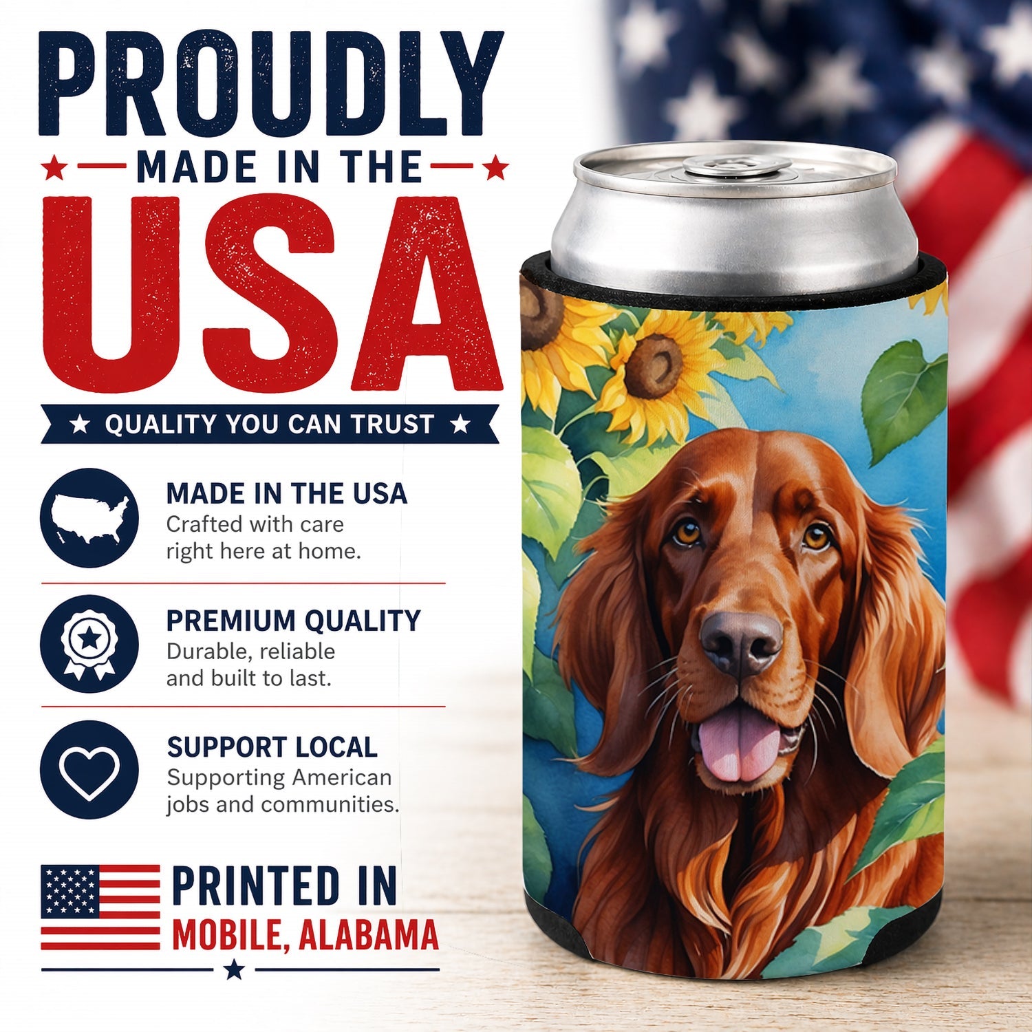 Irish Setter in Sunflowers Can or Bottle Hugger Cooler Sleeve for Standard 12 oz Cans, Insulated Foam Beer & Soda Can Hugger Reusable