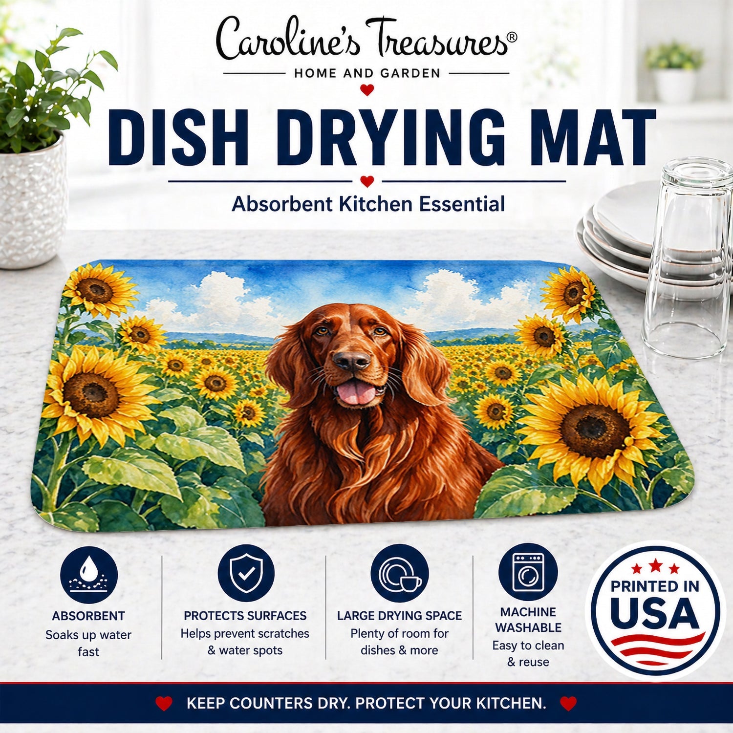 Irish Setter in Sunflowers Dish Drying Mat Absorbent Dish Drying Mat Pad for Kitchen Counter Dish Drainer Mat for Countertop, 14 x 21", Multicolor