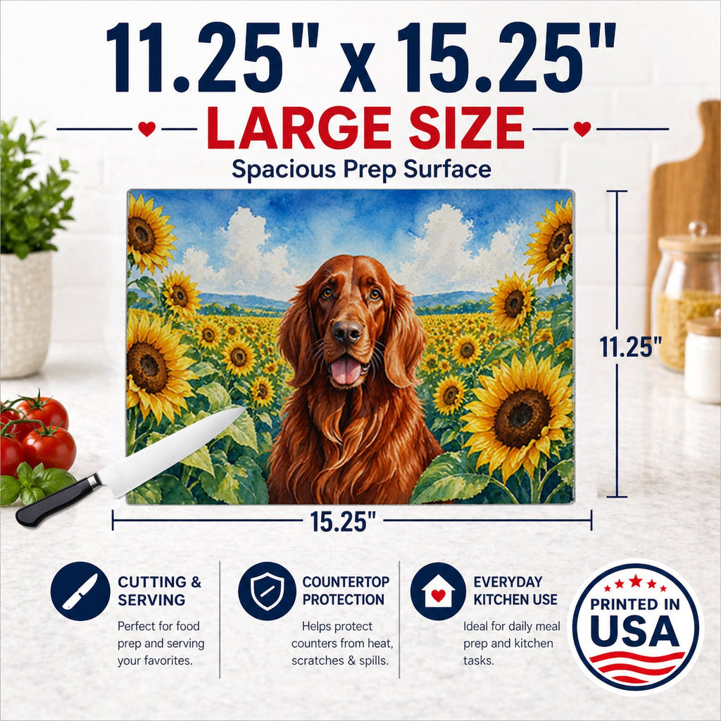 Irish Setter in Sunflowers Cutting Board Tempered Glass Kitchen Cutting Surface, Heat Resistant Chopping Board with Non-Slip Feet, Decorative Food Prep & Serving
