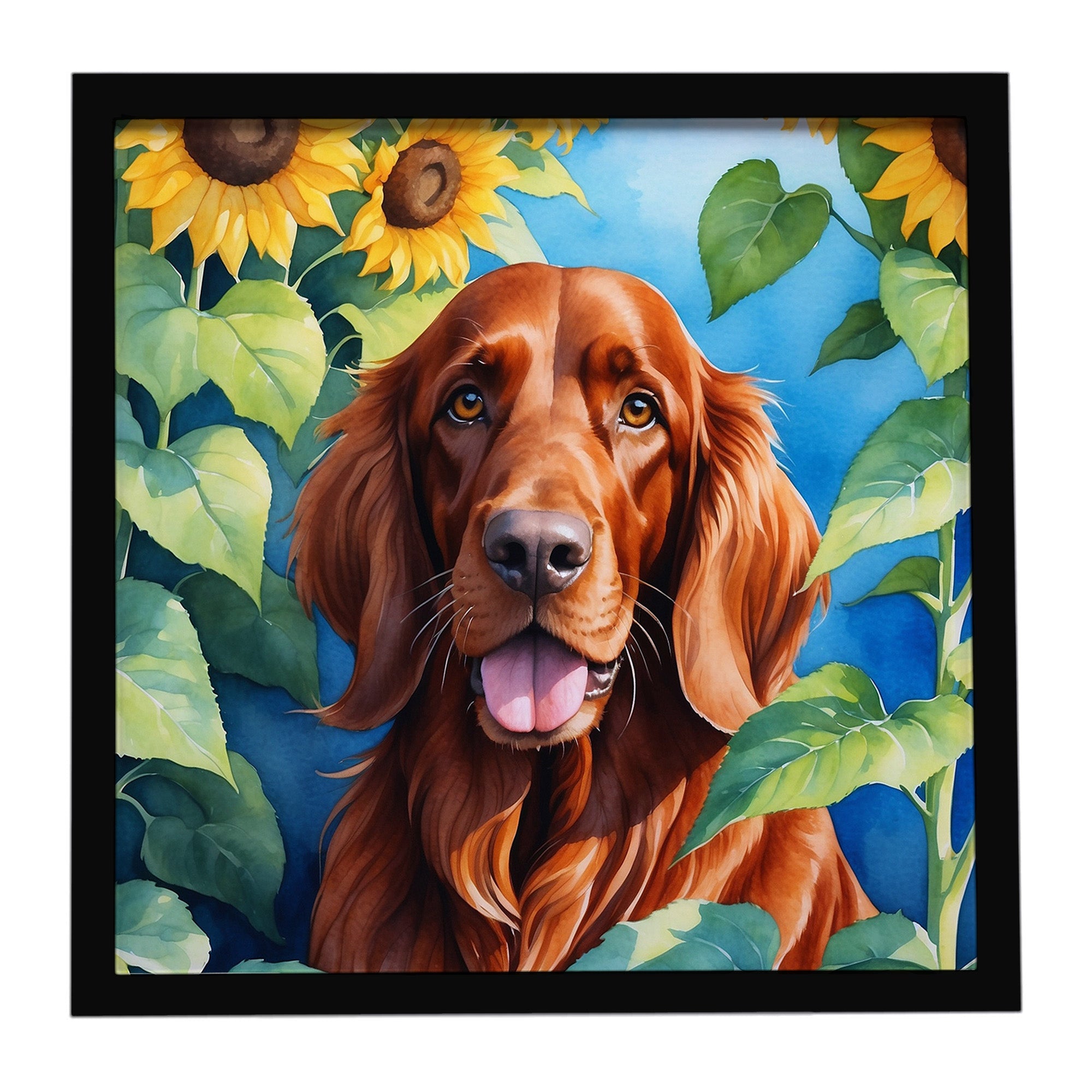 Irish Setter in Sunflowers Framed Metal Print Bathroom, Kitchen, Office, Home Decor Wall Art Ready to Hang, Square, 8X8