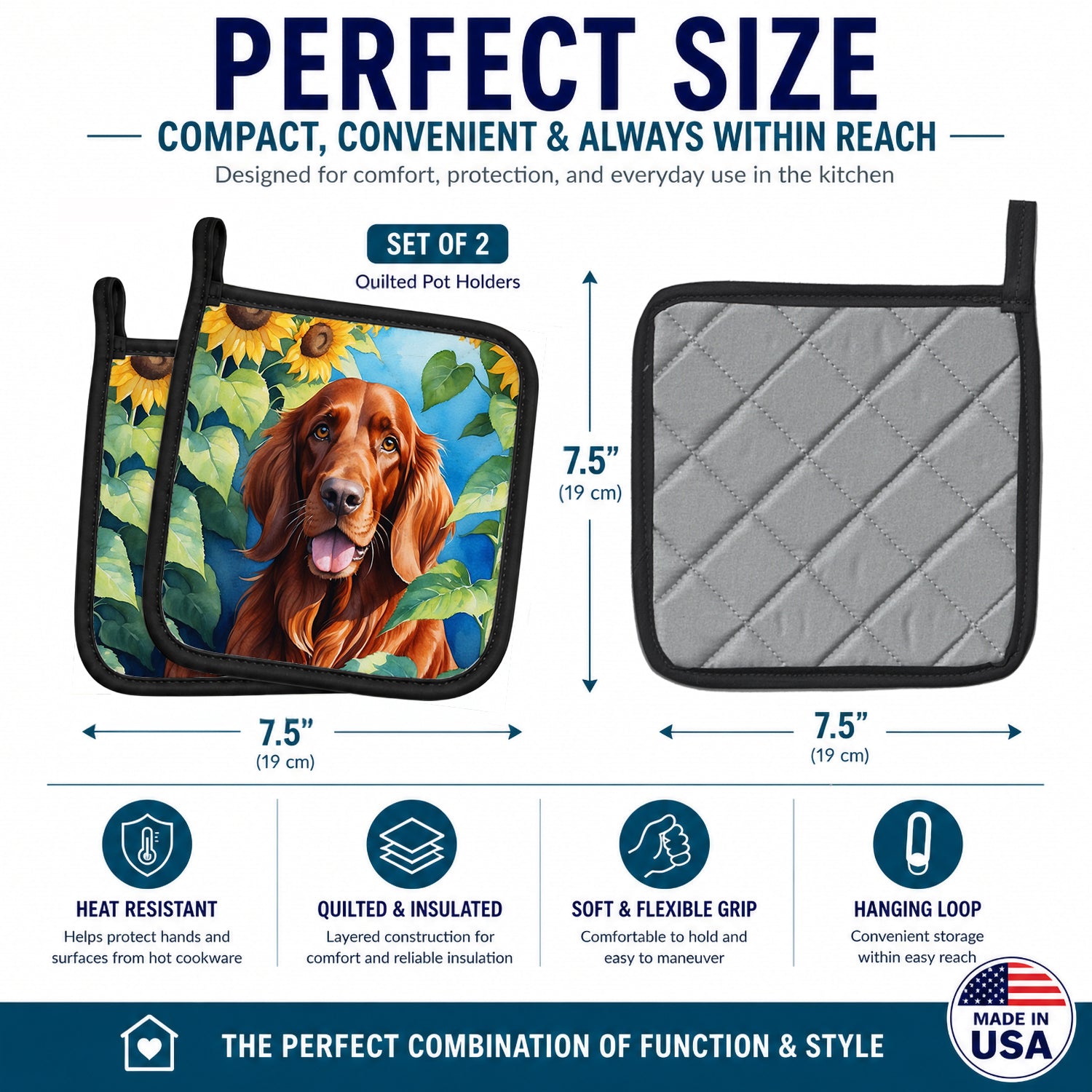 Irish Setter in Sunflowers Pot Holder Set of 2 Heat Resistant Quilted Hot Pads 7.5 x 7.5 Inch, Insulated Kitchen Trivets for Cooking & Baking