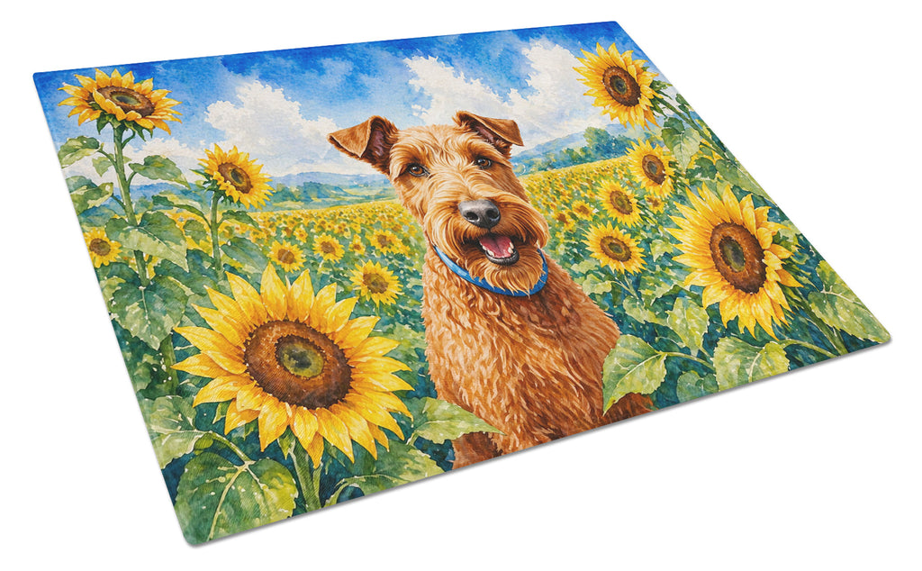 Irish Terrier in Sunflowers Cutting Board Tempered Glass Kitchen Cutting Surface, Heat Resistant Chopping Board with Non-Slip Feet, Decorative Food Prep & Serving