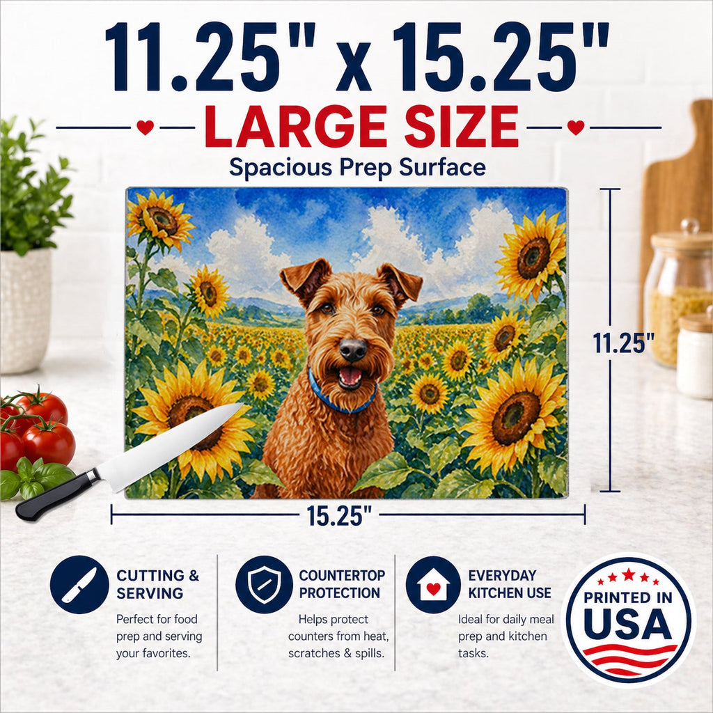 Irish Terrier in Sunflowers Cutting Board Tempered Glass Kitchen Cutting Surface, Heat Resistant Chopping Board with Non-Slip Feet, Decorative Food Prep & Serving