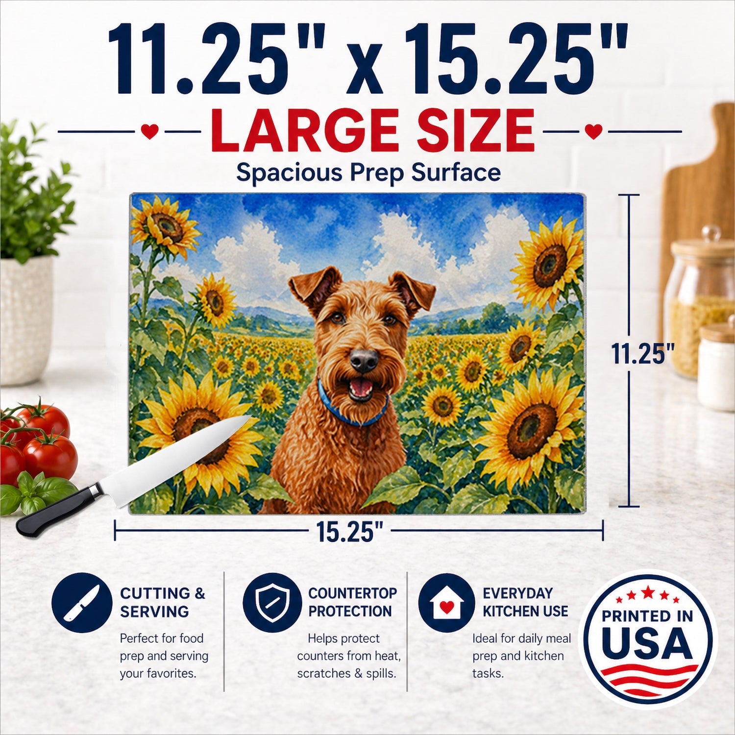Irish Terrier in Sunflowers Cutting Board Tempered Glass Kitchen Cutting Surface, Heat Resistant Chopping Board with Non-Slip Feet, Decorative Food Prep & Serving