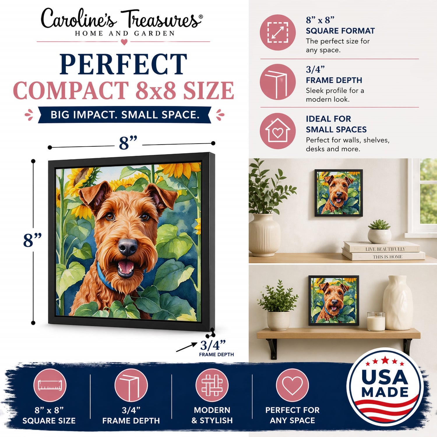 Irish Terrier in Sunflowers Framed Metal Print Bathroom, Kitchen, Office, Home Decor Wall Art Ready to Hang, Square, 8X8