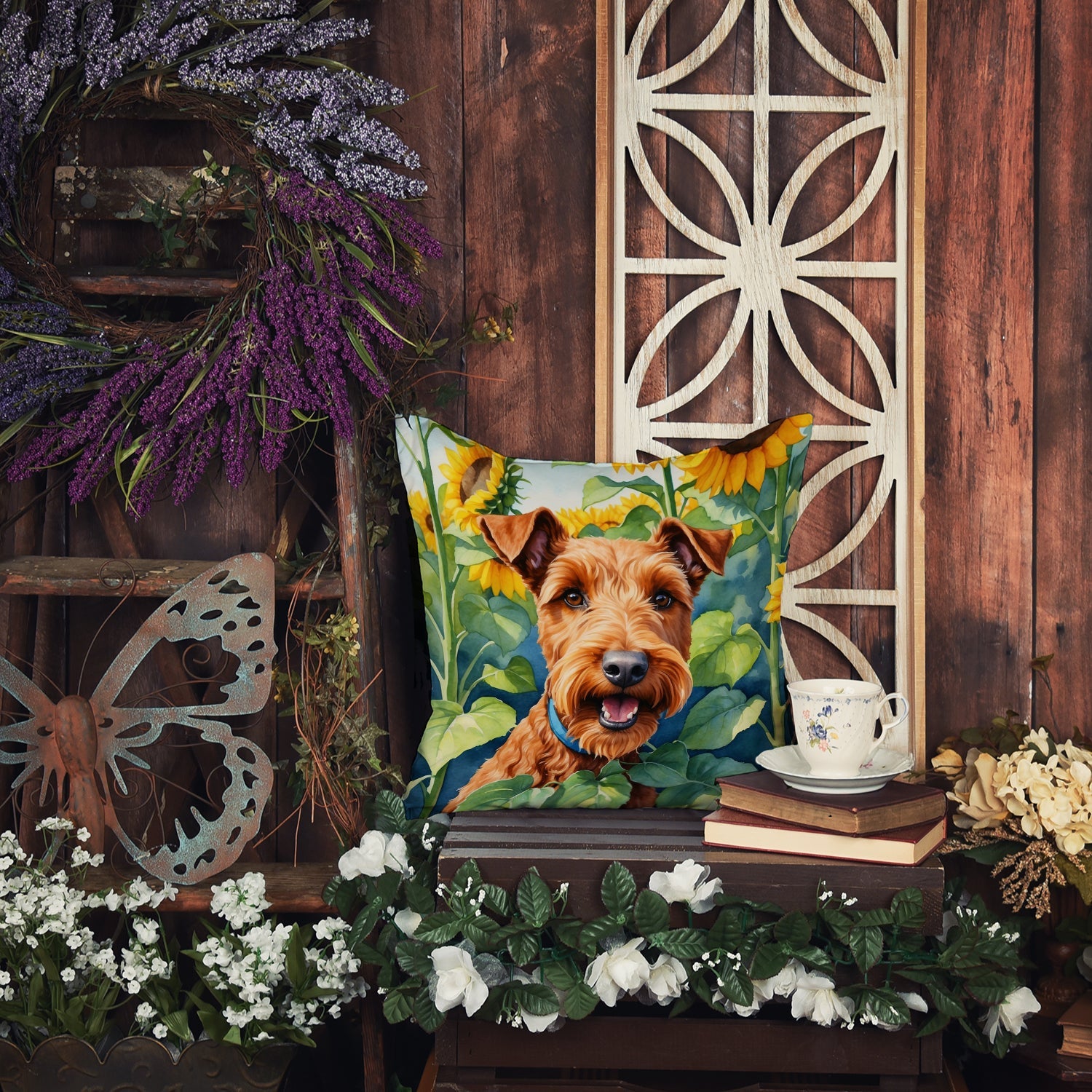 Irish Terrier in Sunflowers Decorative Throw Pillow 14x14 Indoor Outdoor Accent Cushion, Fabric Cover with Insert for Sofa, Bed, Porch & Living Room